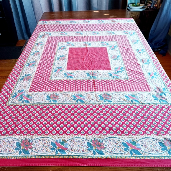 TWO Souleiado Tablecloths Vintage Cotton French Rectangle Red 67x63 Blue 68x61 - Picture 2 of 12